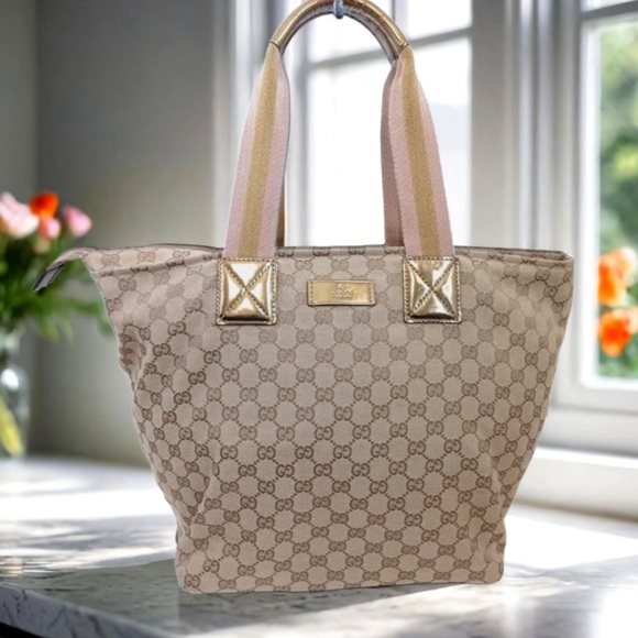 Gucci GG Monogram Large Web Handle Bucket Tote Gold - Picture 1 of 15